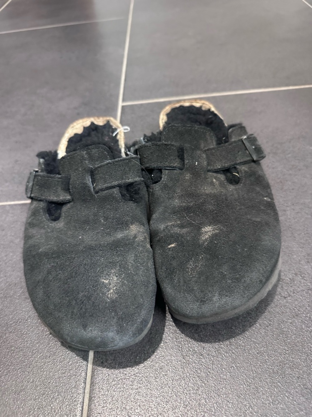 Birkenstock Shearling Boston’s Black Suede Clog Slippers